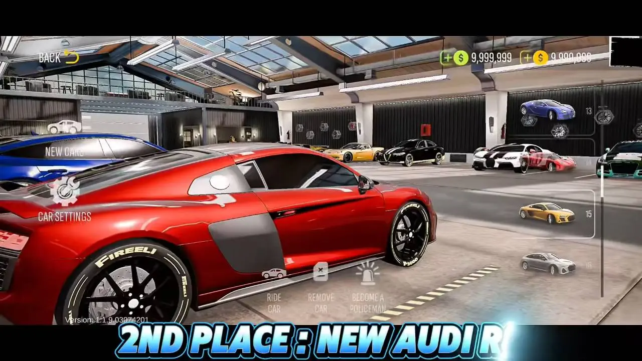 Red new-model Audi R8 in the garage, labelled second place