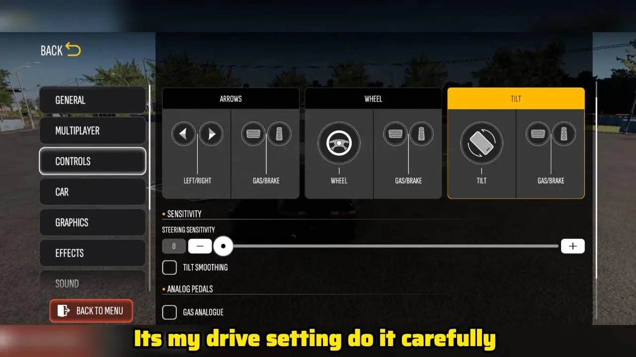 Settings Car tab with Car Assistant sliders ABS 5, TSC 0, ESP 0 and Steering Assistant ticked