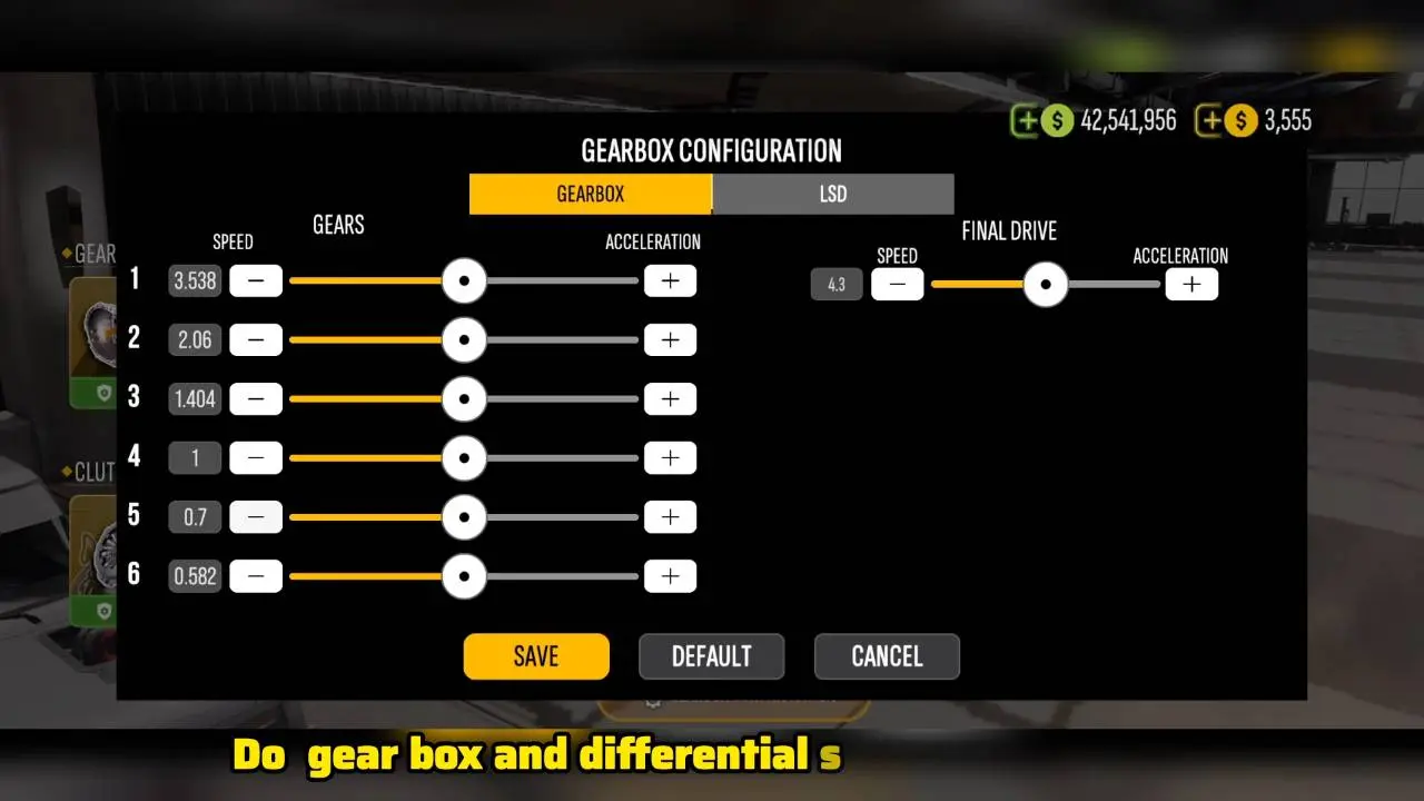 Gearbox Configuration screen with gears 3.538, 2.06, 1.404, 1, 0.7, 0.582 and a final drive of 4.3