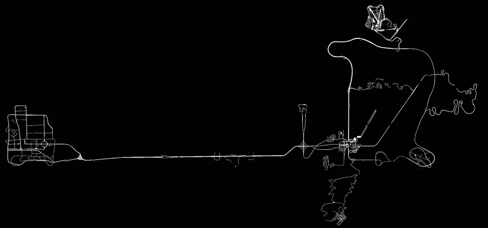 White road outline of the whole map with a long straight highway joining a grid city on the left to the cluster of roads on the right