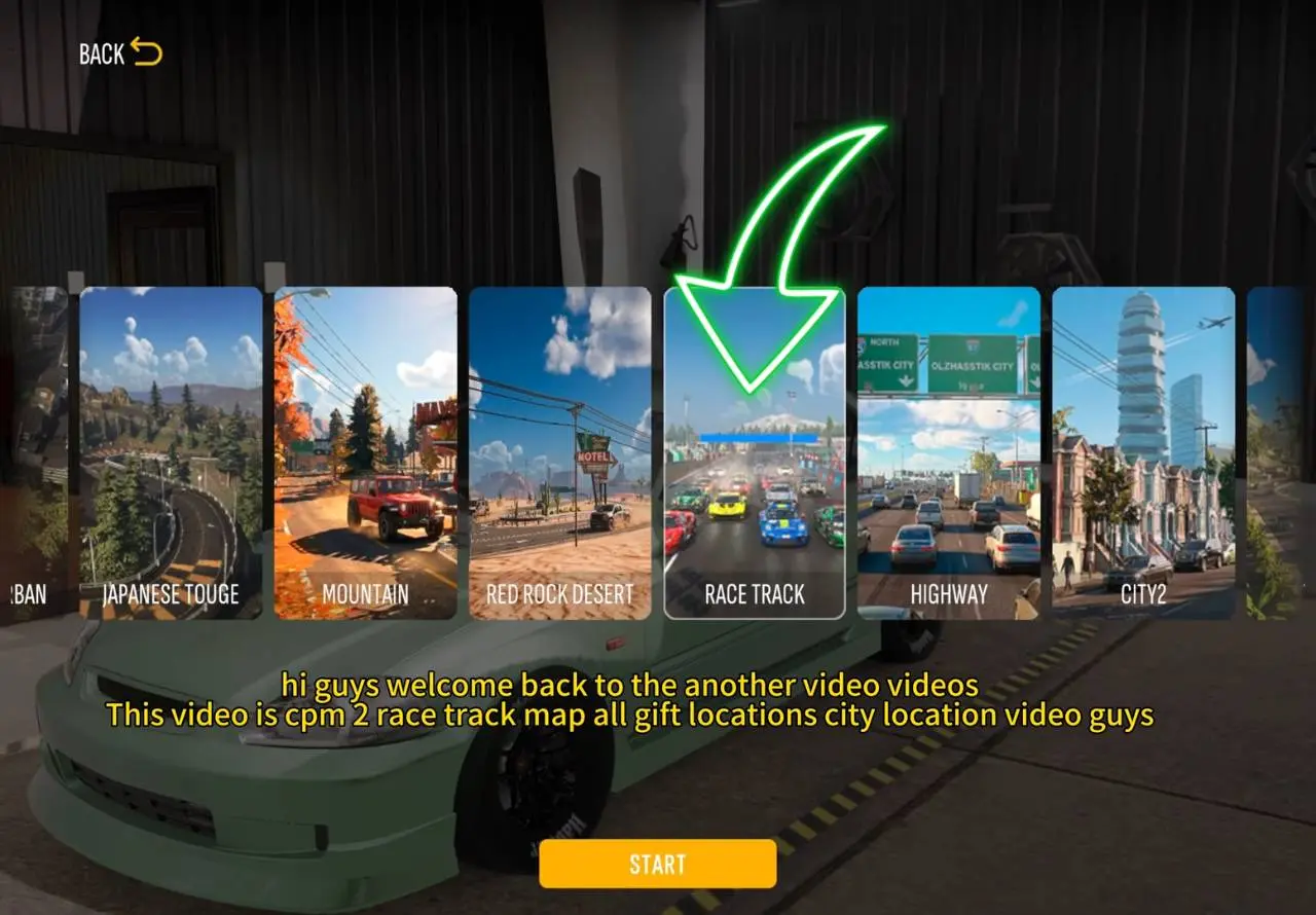 Spawn screen scrolled right showing Japanese Touge, Mountain, Red Rock Desert, Race Track, Highway and City2