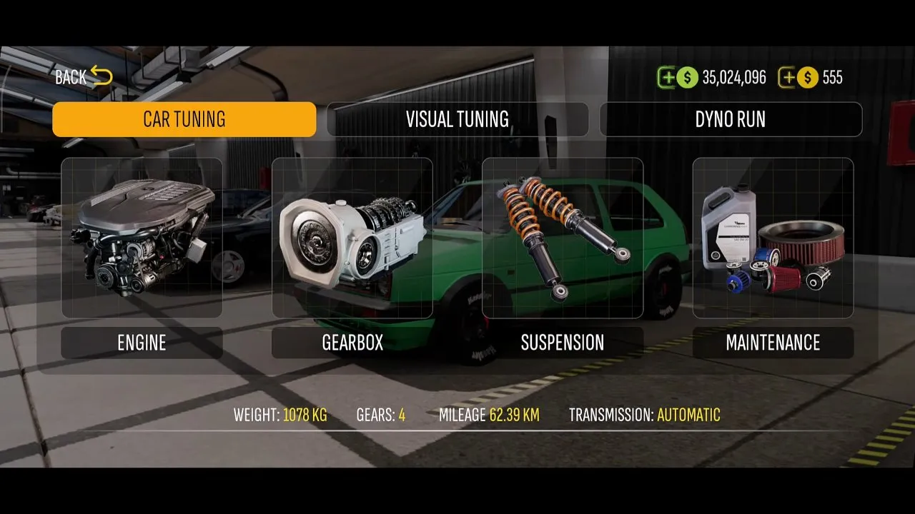 Car Tuning menu with Engine, Gearbox, Suspension and Maintenance tiles above a bar showing weight 1078 kg, 4 gears and automatic transmission