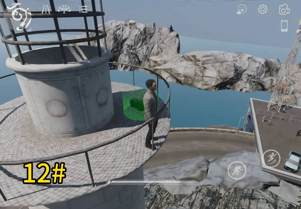 Character standing at the top of the lighthouse tower next to a green gift box, with the bay below