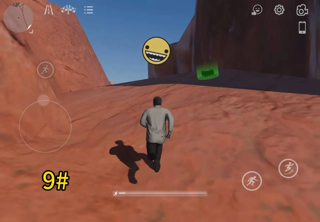 Character climbing a red rock slope toward a green gift box on a high ledge