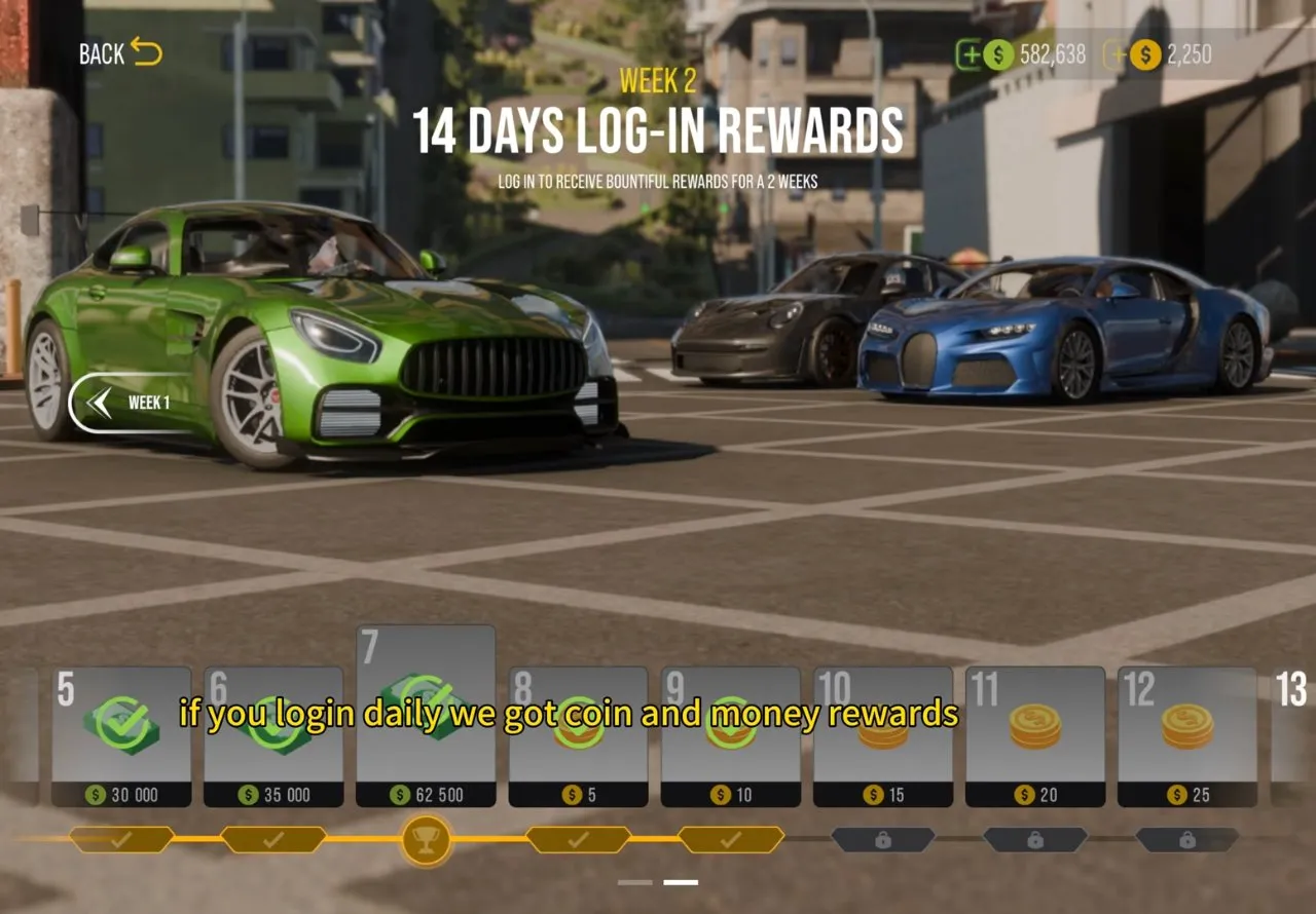 14 Days Log-In Rewards screen showing green cash rewards, yellow coin rewards and checked reward days