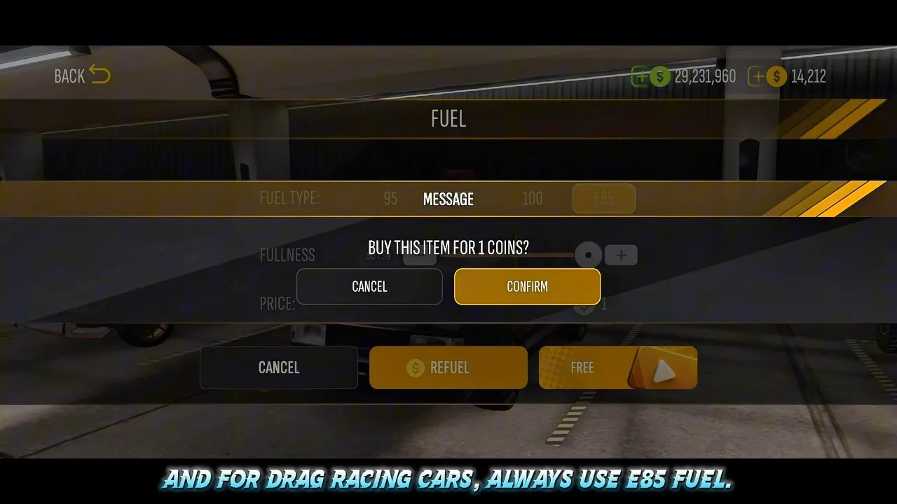 Kartal refueling menu with E85 selected behind the purchase confirmation dialog