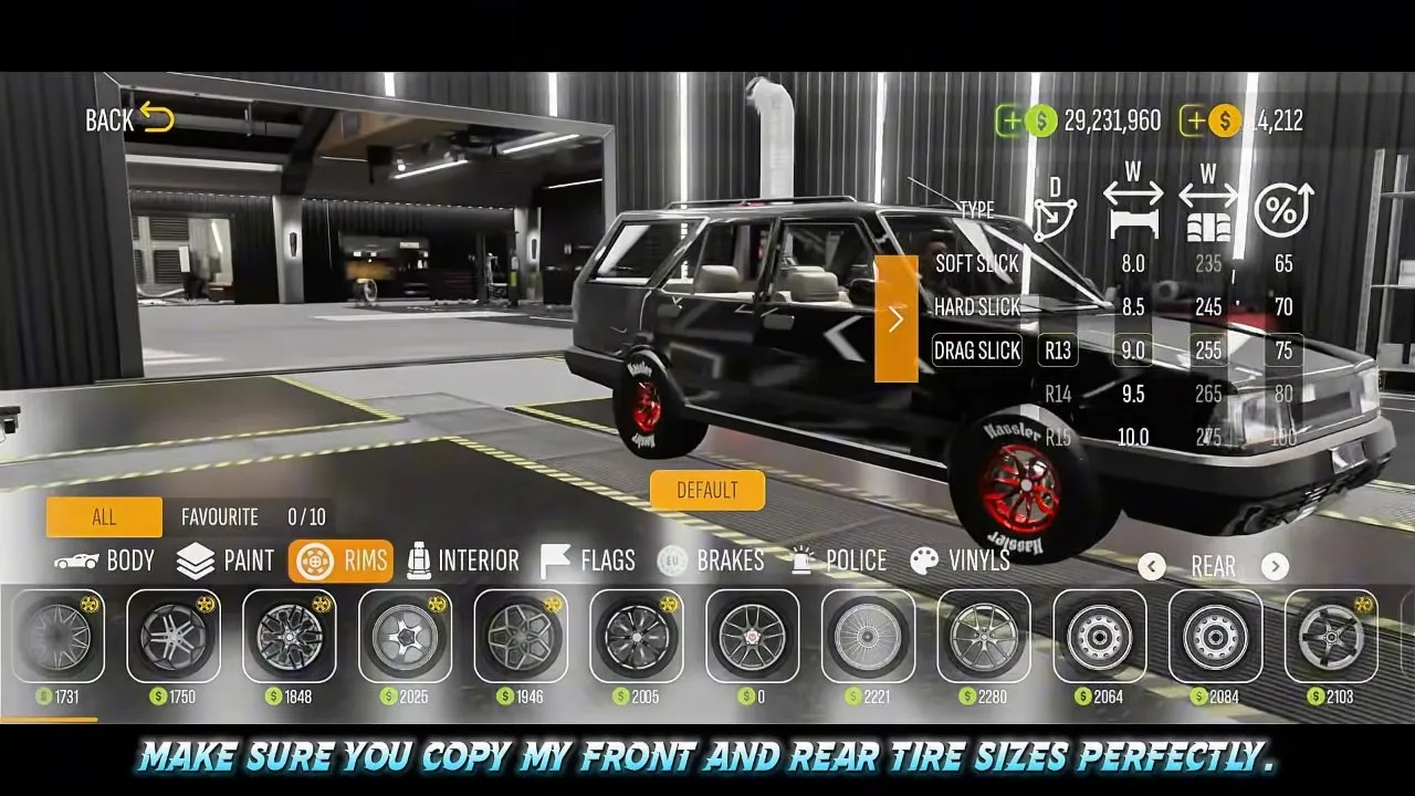 Kartal Rims screen with Rear selected and Drag Slick, R13, 9.0, 255 and 75 highlighted
