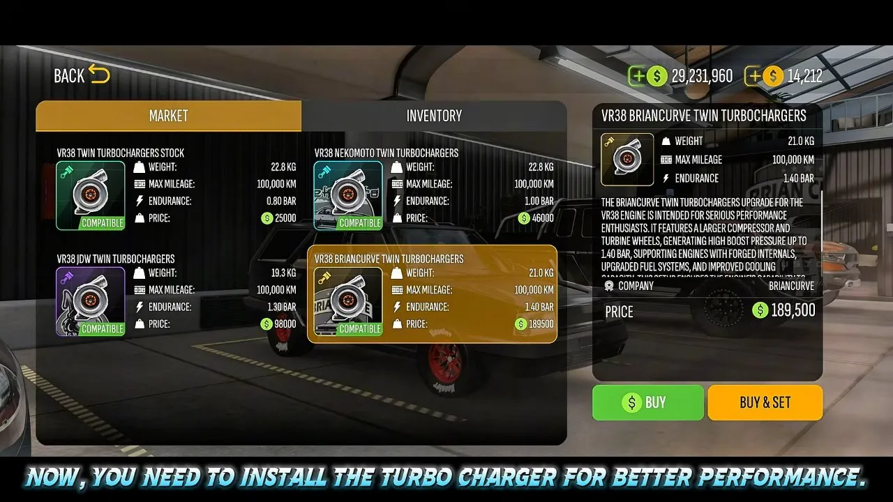 VR38 Briancurve Twin Turbochargers selected with a Compatible label and Buy & Set button