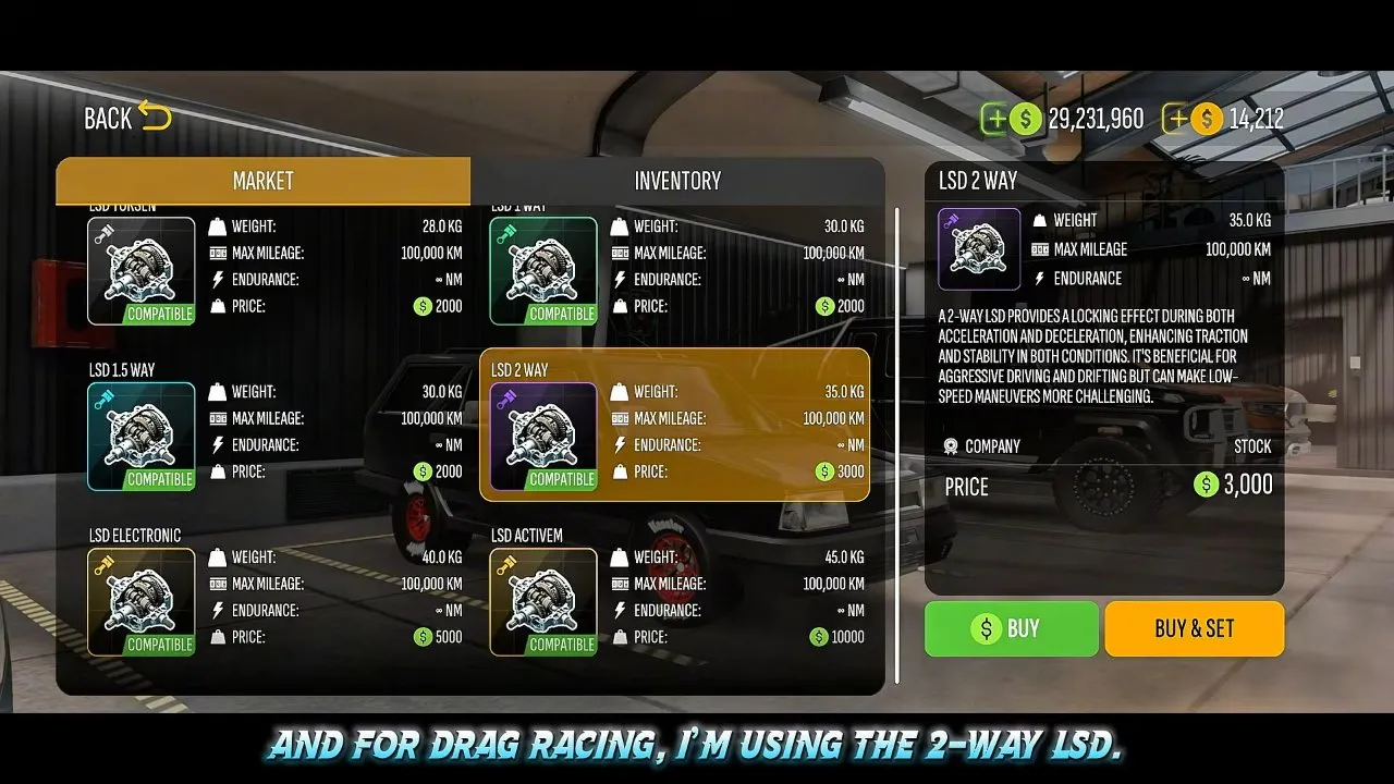 LSD 2 WAY selected in the differential market with its locking behavior description